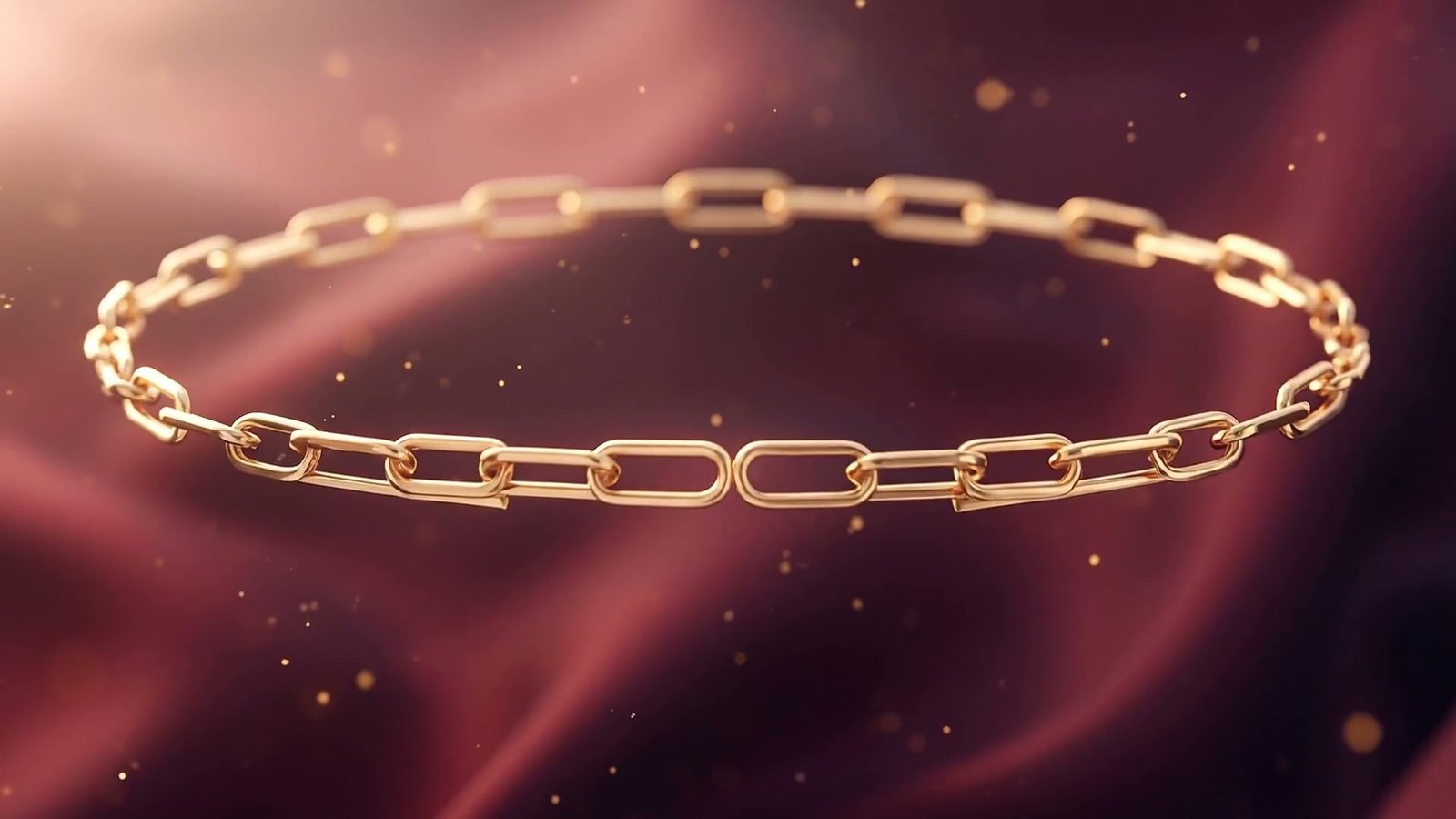 A closed gold paperclip bracelet floating in warm light over garnet silk