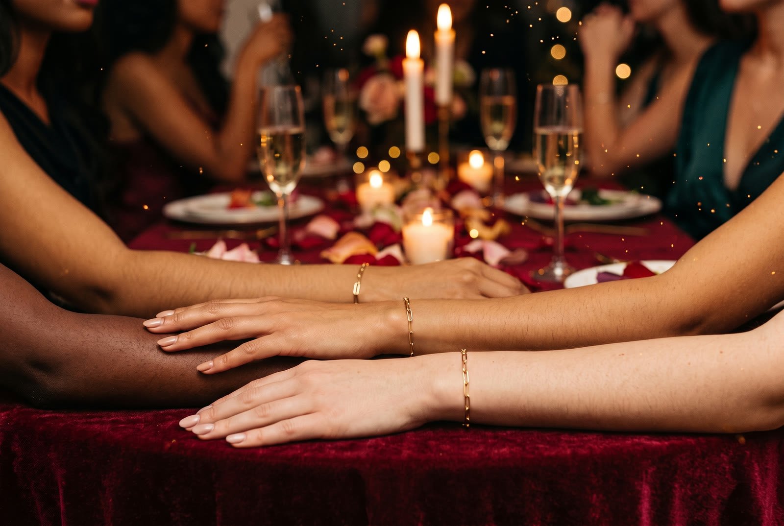 Friends' wrists side by side, each wearing a fine gold permanent bracelet