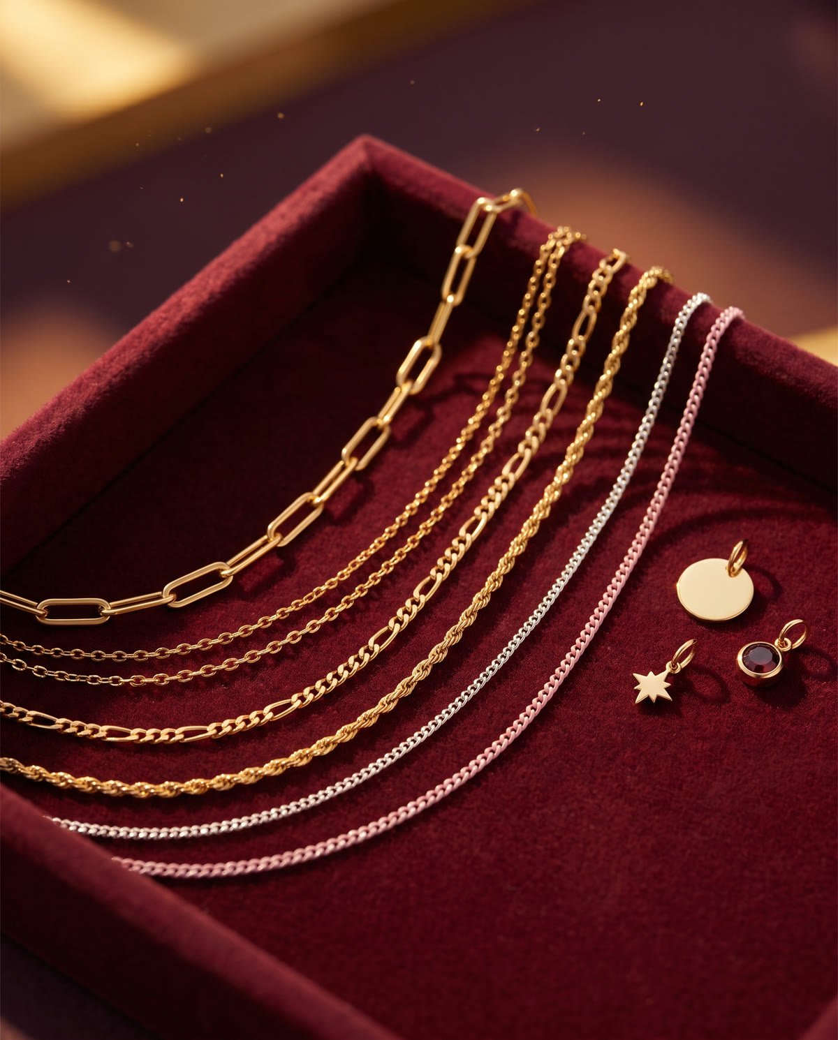 Fine gold chains laid out on garnet velvet, ready to choose from
