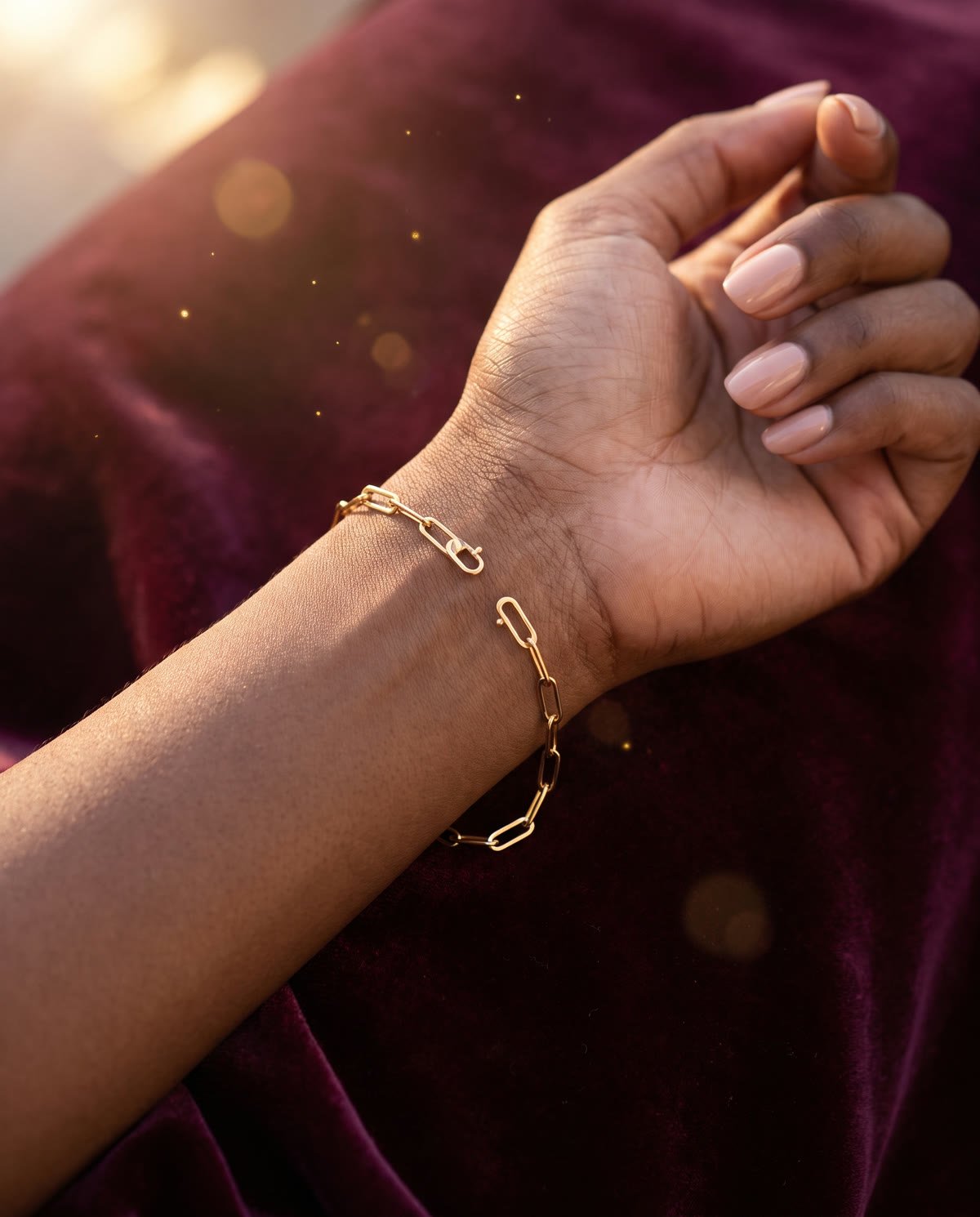 A fine gold chain being sized around a wrist
