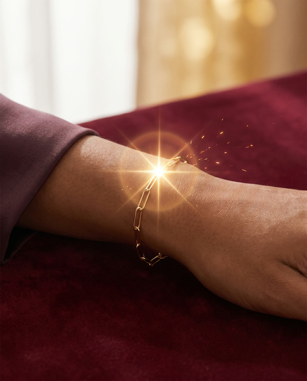 The small spark of the weld closing a gold bracelet